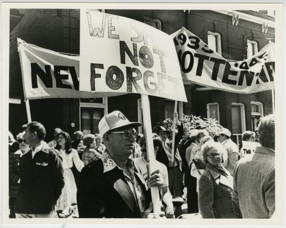 Anti-Nazi demonstration, Carlton St., Toronto, May 31, 1981. (Ontario Jewish Archives, item 3076-3077)