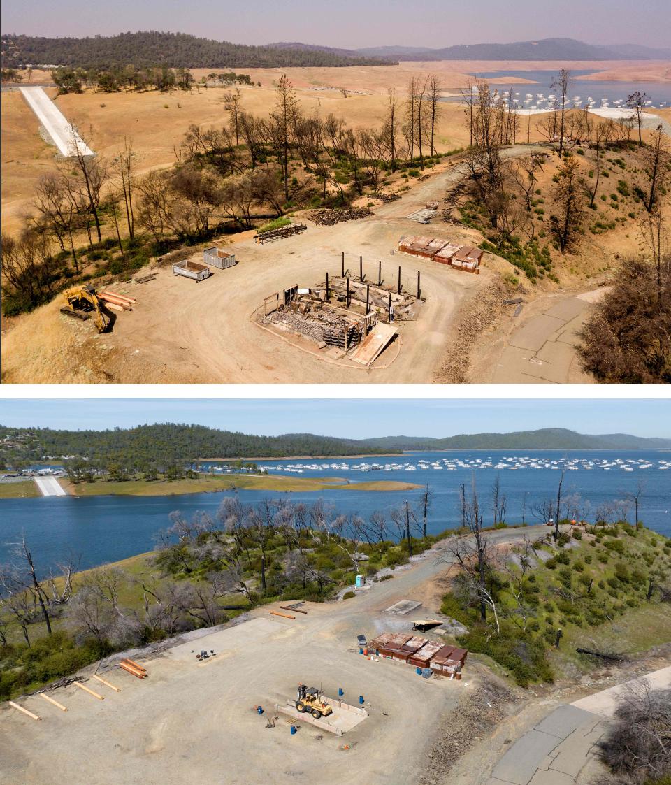 This aerial combination photo created on April 17, 2023, shows a burned property in front of low water levels at Lake Oroville in Oroville, California, on September 05, 2021 (top), and the same area on April 16, 2023 (below).