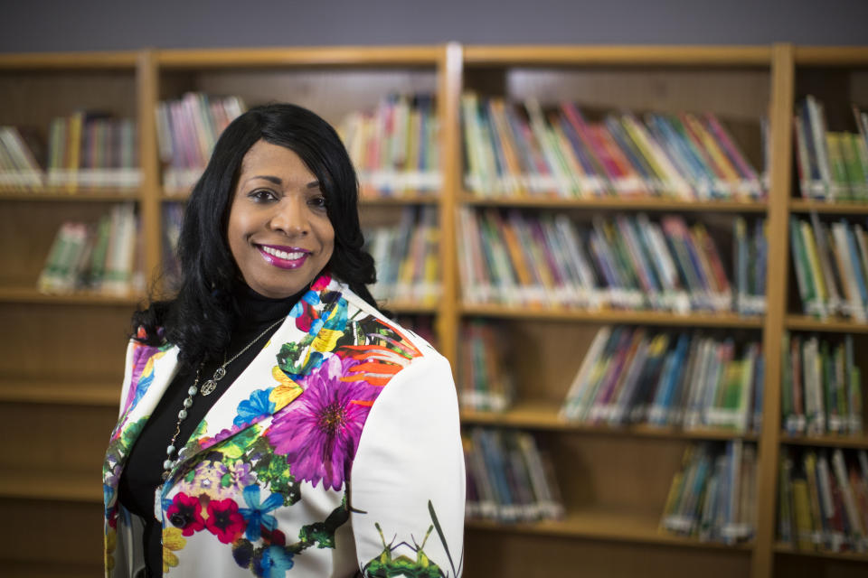 This Wednesday, April 18, 2018 photo shows Carlotta Outley Brown, who was then the principal at Peck Elementary School located in southeast Houston. Outley Brown took over as principal at James Madison High School during the current school year, becoming the school's fourth principal in five years. Outley Brown has implemented a dress code for parents because she says it is necessary to establish high standards for students, despite criticism that the move could be discriminatory. (Marie D. De Jesus/Houston Chronicle via AP)