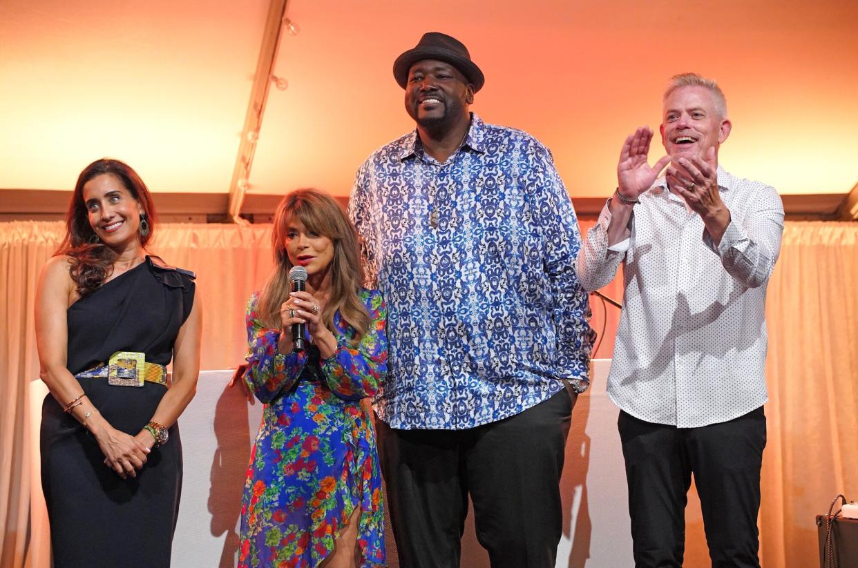 Paula Abdul, Pete Mattson and Quinton Aaron speak onstage during Karibu Africa Hamptons Soirée on August 19, 2022 in Sag Harbor, New York.