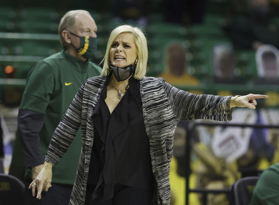 Baylor head coach Kim Mulkey reacts to a call against Iowa State in the first half of an NCAA college basketball game, Saturday, Jan. 16, 2021, in Waco, Texas. (Rod Aydelotte/Waco Tribune-Herald via AP)