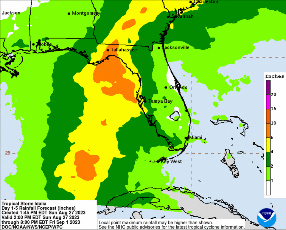 Tropical Storm Idalia could bring several inches of rain to most of Florida as it traverses the state.