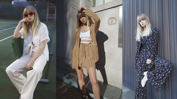 Three images of a model in different outfits