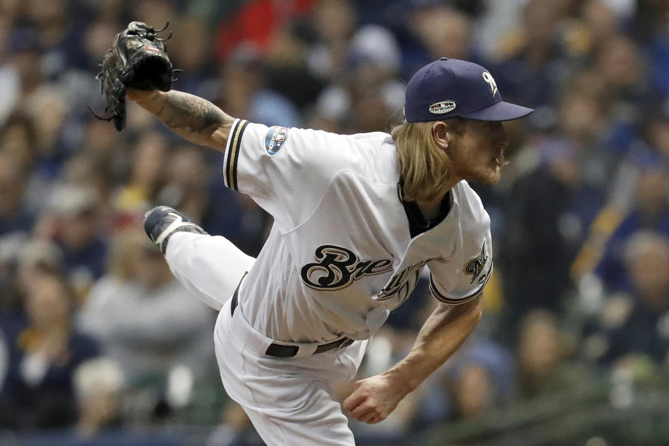 Milwaukee Brewers relief pitcher Josh Hader (71) throws during the third inning of Game 7 of the National League Championship Series baseball game against the Los Angeles Dodgers Saturday, Oct. 20, 2018, in Milwaukee. (AP Photo/Jeff Roberson)