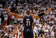 MIAMI, FL - MAY 15: David West #21 of the Indiana Pacers reacts to winning Game Two of the Eastern Conference Semifinals in the 2012 NBA Playoffs against the Miami Heat at AmericanAirlines Arena on May 15, 2012 in Miami, Florida. NOTE TO USER: User expressly acknowledges and agrees that, by downloading and/or using this Photograph, User is consenting to the terms and conditions of the Getty Images License Agreement. (Photo by Mike Ehrmann/Getty Images)