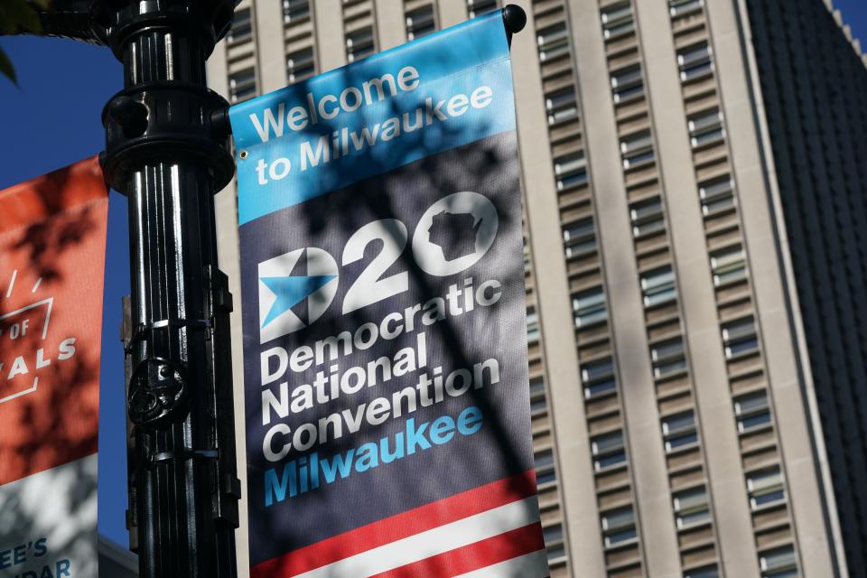 A sign advertises the 2020 Democratic National Convention at the Wisconsin Center, which will be the production hub for the almost fully virtual event. (Photo: BRYAN R. SMITH/Getty Images)