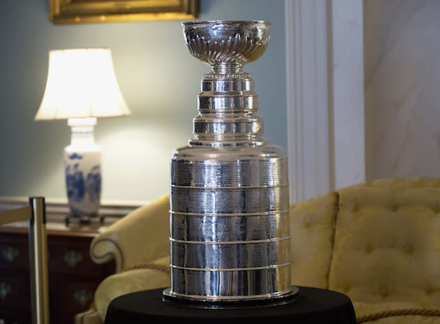 The National Hockey Leagues’s championship trophy, The Stanley Cup, currently held by the Chicago Blackhawks, is displayed at the State Department in Washington, Thursday, March 10, 2016, during a luncheon reception hosted by Secretary of State John Kerry in honor the visiting Canadian Prime Minister Justin Trudeau. (AP Photo/Manuel Balce Ceneta)