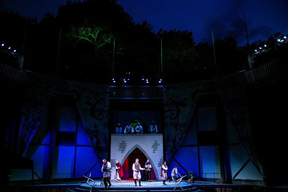 Actors perform during a dress rehearsal for Riverside Theatre's production of "Henry V," Wednesday, June 15, 2022, at the Riverside Festival Stage in Lower City Park in Iowa City, Iowa.