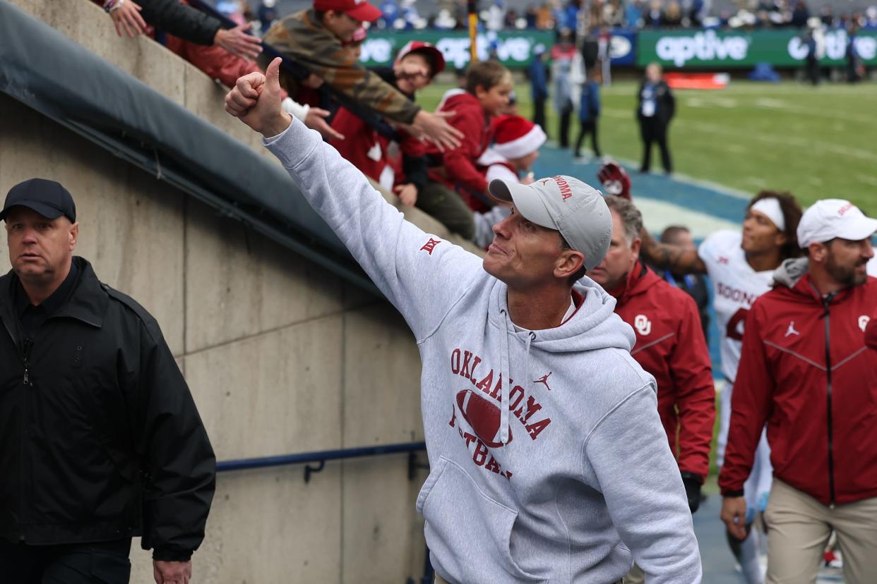 OU football coach Brent Venables gives a thumbs up to fans after the Sooners' 31-24 win against BYU on Saturday at LaVell Edwards Stadium in Provo, Utah.