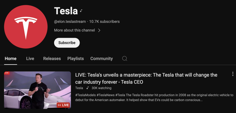 A screenshot showing an account posing as Tesla in a live stream using AI-generated Elon Musk to push a crypto scam.