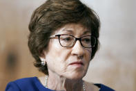 Sen. Susan Collins, R-Maine, listens during a Senate Health, Education, Labor and Pensions Committee hearing to discuss vaccines and protecting public health during the coronavirus pandemic on Capitol Hill, Wednesday, Sept. 9, 2020, in Washington. (Greg Nash/Pool via AP)