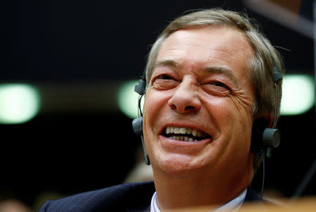 FILE PHOTO: Brexit campaigner Nigel Farage reacts during a plenary session of the EU Parliament in Brussels, Belgium January 30, 2019. REUTERS/Francois Lenoir/File Photo/File Photo