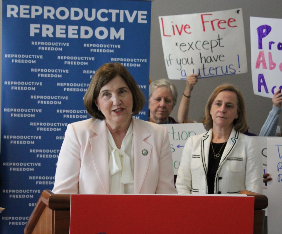 Cinde Warmington, left, and Joyce Craig, opponents seeking the Democratic nomination in the race for governor of New Hampshire, make a rare joint appearance to criticize Republicans regarding abortion policy Wednesday, April 10, 2024 in Concord.