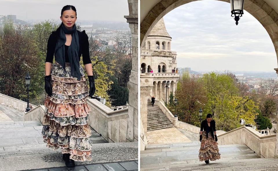 L: Poh Ling Yeow in Hungary wearing a designer ruffled skirt and black top. R: Poh Ling Yeow in Hungary