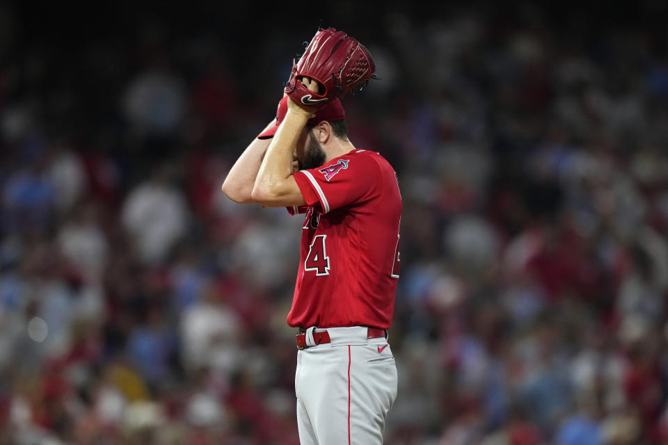 Los Angeles Angels pitcher Lucas Giolito reacts after giving up a two-run home run to Philadelphia Phillies' Bryce Harper during the fourth inning of a baseball game, Monday, Aug. 28, 2023, in Philadelphia. (AP Photo/Matt Slocum)