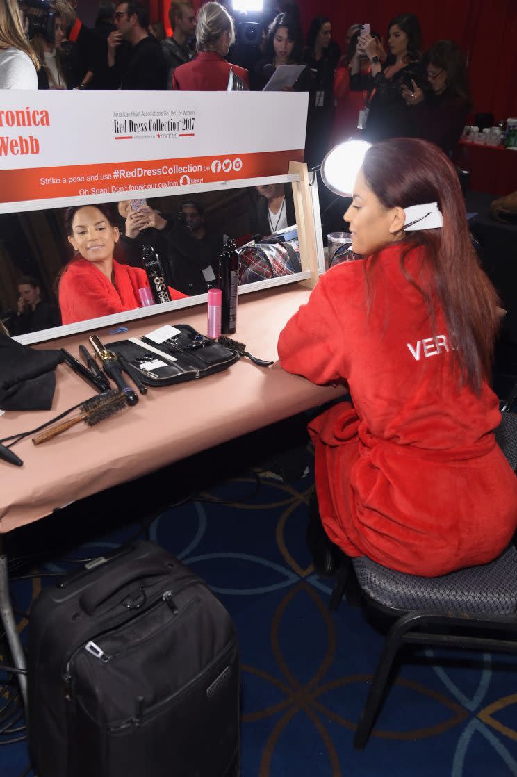 Veronica Webb backstage at the American Heart Association's Go Red For Women Red Dress Collection at Fashion Week. (Photo by Jamie McCarthy/Getty Images for AHA)