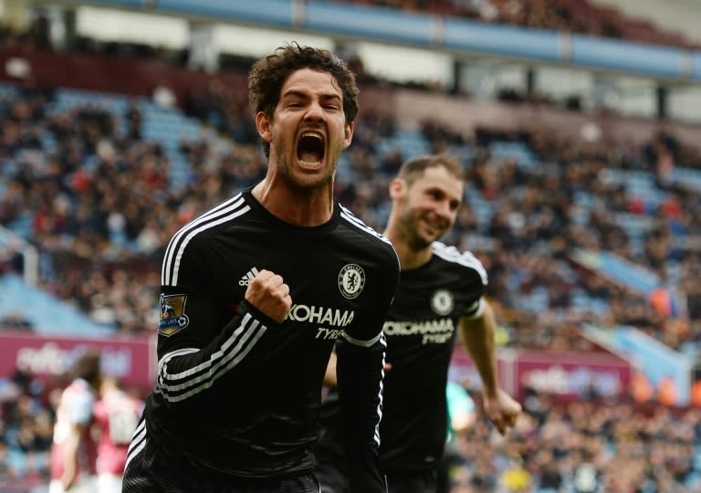 Chelsea's Brazilian striker Alexandre Pato celebrates after scoring from the penalty spot during the English Premier League football match between Aston Villa and Chelsea at Villa Park in Birmingham, central England on April 2, 2016