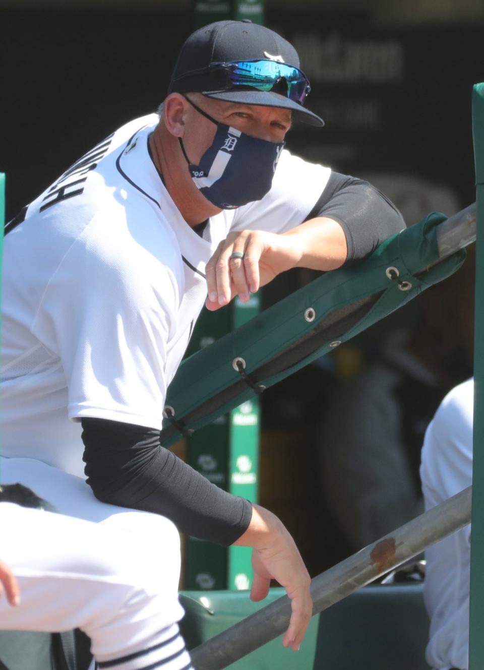 Detroit Tigers manager AJ Hinch in the dugout during the first inning against the Cleveland Indians, Sunday, April 4, 2021 at Comerica Park.