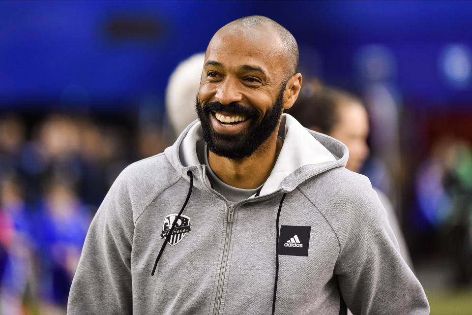 MONTREAL, QC - FEBRUARY 29: Look on Montreal Impact head coach Thierry Henry during the New England Revolution versus the Montreal Impact game on February 29, 2020, at Montreal Olympic Stadium in Montreal, QC  (Photo by David Kirouac/Icon Sportswire via Getty Images)