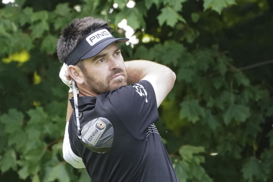 Louis Oosthuizen plays a shot off the 12th tee during practice for the U.S. Open Championship golf tournament at Winged Foot Golf Club, Wednesday, Sept. 16, 2020, in Mamaroneck, N.Y. (AP Photo/John Minchillo)