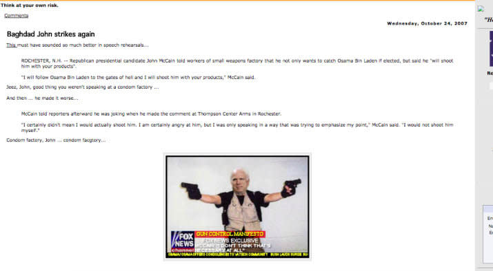 A screenshot of a blog post allegedly written by Joy Reid in October 2007. The post features a photoshopped image of Sen. John McCain as the Virginia Tech mass shooter. (Photo: Buzzfeed/Wayback Machine)