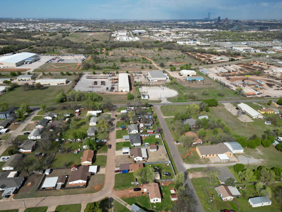 The area that is a proposed site for the Oklahoma County Jail is pictured in the background with a Del City neighborhood in the foreground, Wednesday, March 20, 2024.