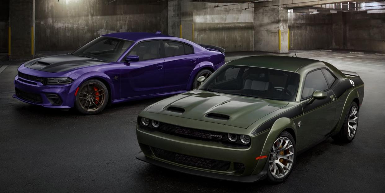 the dodge charger and dodge challenger, in current form, are coming to an end, and the dodge brand is seizing the opportunity to celebrate in true, over the top dodge style the dodge 2023 lineup will pay homage to the muscle car pair with seven special models, the return of a rainbow of heritage colors including plum crazy, shown at left, an expansion of srt jailbreak models, a commemorative “last call” underhood plaque for all 2023 charger and challenger vehicles and a new, customer focused vehicle allocation process