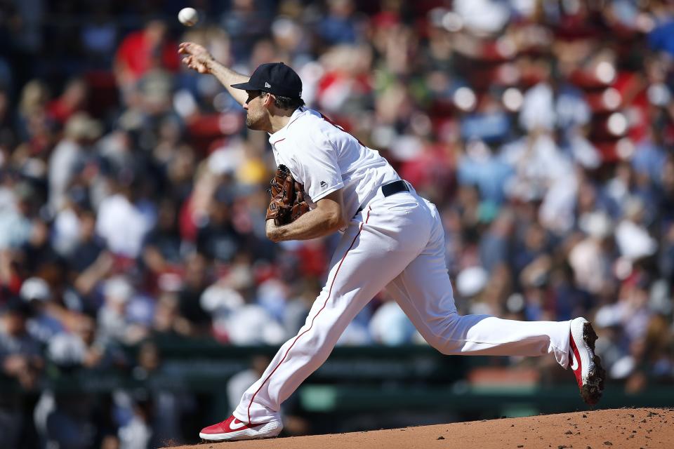 Boston Red Sox's Nathan Eovaldi pitches during the first inning of a baseball game against the New York Yankees in Boston, Saturday, Sept. 29, 2018. (AP Photo/Michael Dwyer)