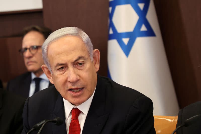 Israel's Prime Minister Benjamin Netanyahu attends the weekly cabinet meeting in his office in Jerusalem