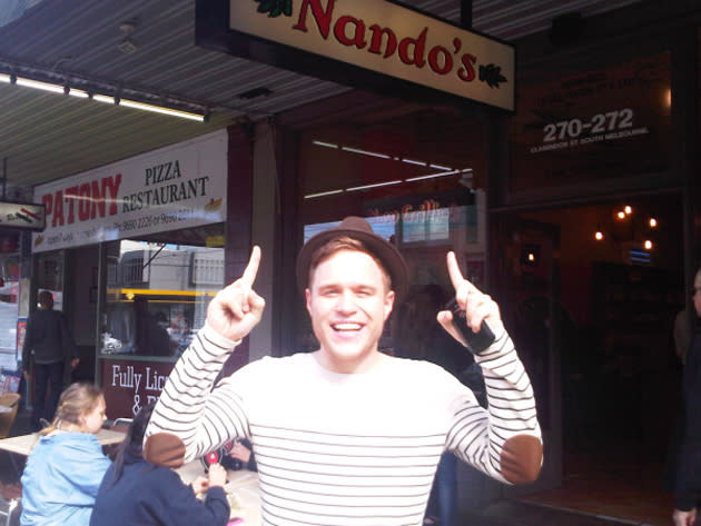 Celebrity photos: Despite being all the way over in Australia, Olly Murs decided to avoid the local cuisine and stick to what he knows by making a trip to Nando’s for dinner.