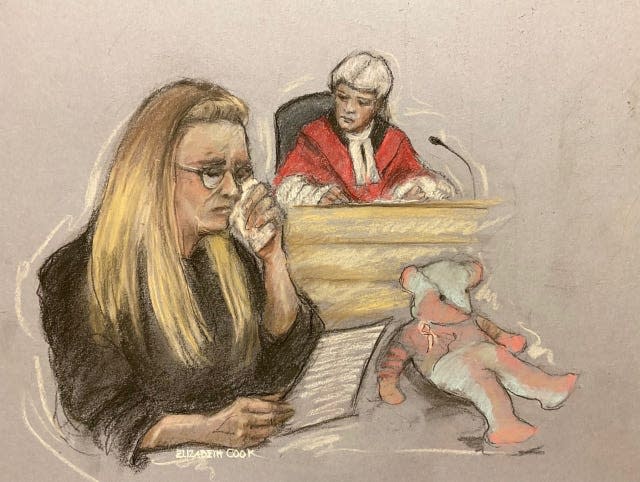 Court artist sketch by Elizabeth Cook of Cheryl Korbel giving her witness statement at Manchester Crown Court