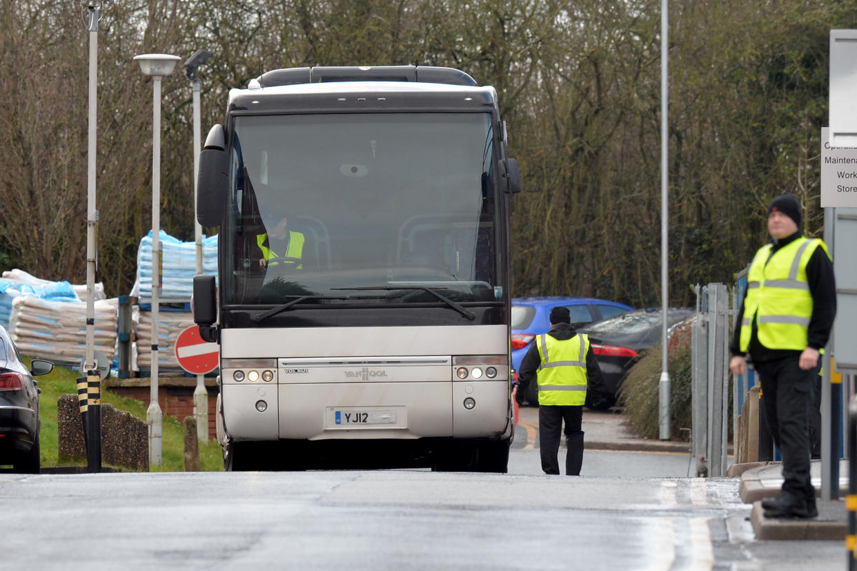 WIRRAL, MERSEYSIDE - FEBRUARY 13: A coach carrying the first British Coronavirus evacuees leaves Arrowe Park Hospital as the patients leave quarantine on February 13, 2020 in Wirral, Merseyside. 83 people are expected to leave quarantine today after their test results for the coronavirus came back negative. A total of 9 people in the UK have been diagnosed with the disease, which originated in Wuhan, China and has killed at least 1,357.  (Photo by Anthony Devlin/Getty Images)