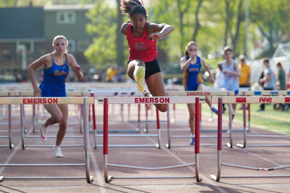 Izabela Samu, of Glen Rock, is shown on her way to winning the 100 meter high hurdles, Tuesday, April 30, 2024, in Emerson