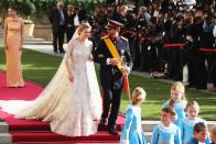 LUXEMBOURG - OCTOBER 20: Princess Stephanie of Luxembourg and Prince Guillaume of Luxembourg depart the church after the wedding ceremony of Prince Guillaume Of Luxembourg and Princess Stephanie of Luxembourg at the Cathedral of our Lady of Luxembourg on October 20, 2012 in Luxembourg, Luxembourg. The 30-year-old hereditary Grand Duke of Luxembourg is the last hereditary Prince in Europe to get married, marrying his 28-year old Belgian Countess bride in a lavish 2-day ceremony. (Photo by Sean Gallup/Getty Images)