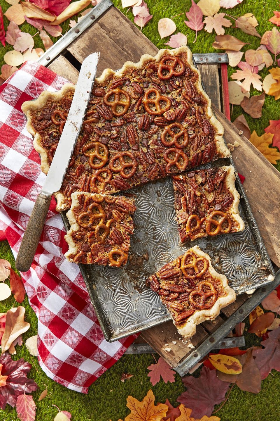 pretzel chocolate pecan slab pie in a rectangle pan and cut into squares to serve