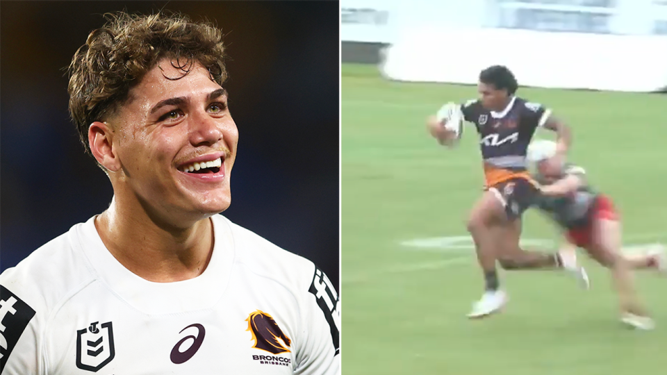 Flying fullback Tristan Sailor has left fans of the Broncos wanting more after a dazzling display in the reserve grade, despite sitting behind Reece Walsh (pictured left) in the squad. (Images: Getty Images/BrisbaneBroncos)