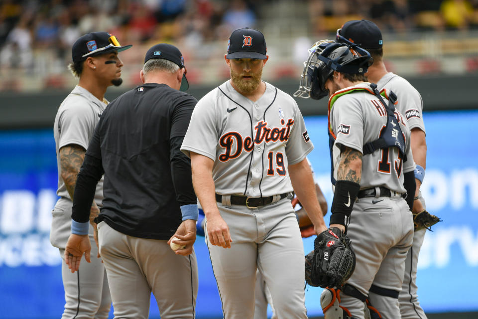 Detroit Tigers pitcher Will Vest (19) walks to the dugout after he was relieved during the first inning of a baseball game against the Minnesota Twins, Sunday, June 18, 2023, in Minneapolis. (AP Photo/Craig Lassig)