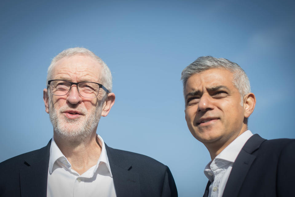 The Mayor of London Sadiq Khan (right) is joined by Labour Leader Jeremy Corbyn on a rooftop overlooking the former Holloway Prison site, as they announced it will be acquired by Peabody Housing Association.
