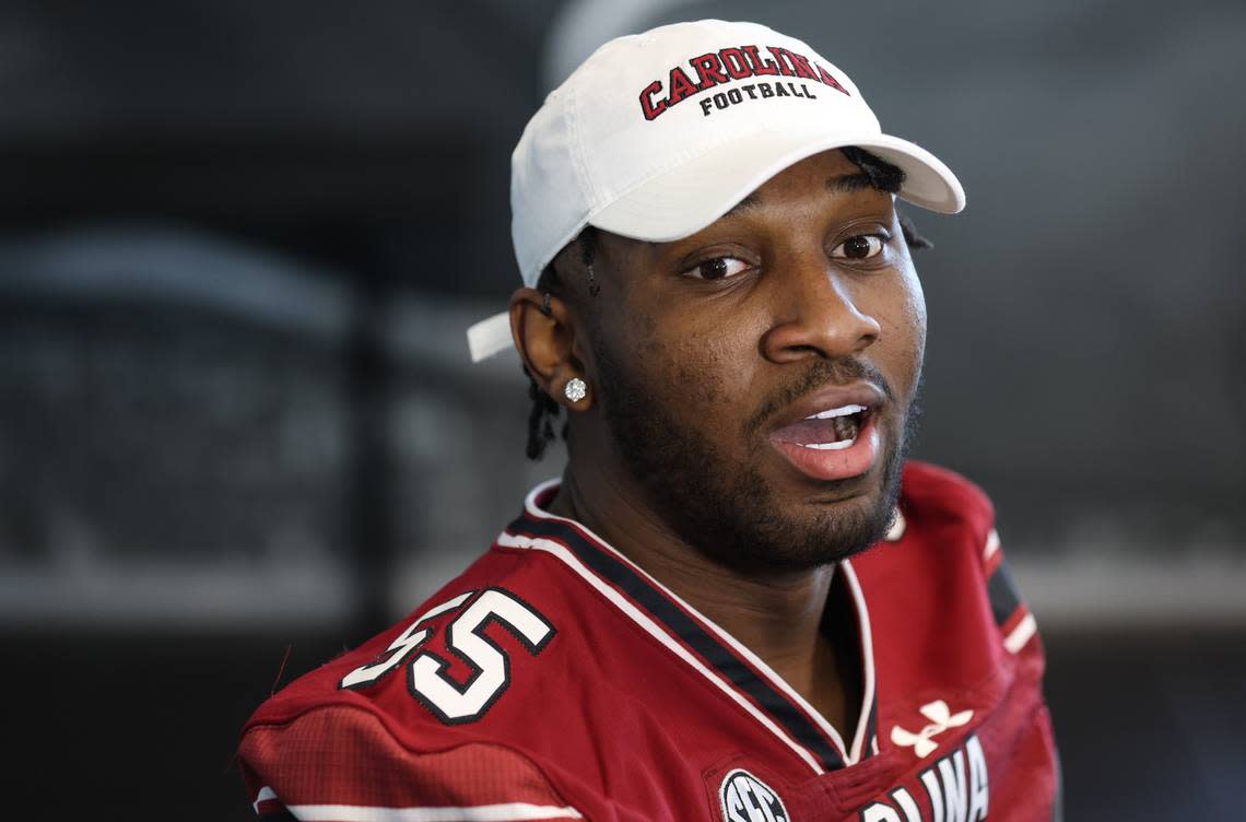 South Carolina Gamecock defensive end Gilber Edmond speaks to reporters during an interview in Columbia on Thursday, February 8, 2024.