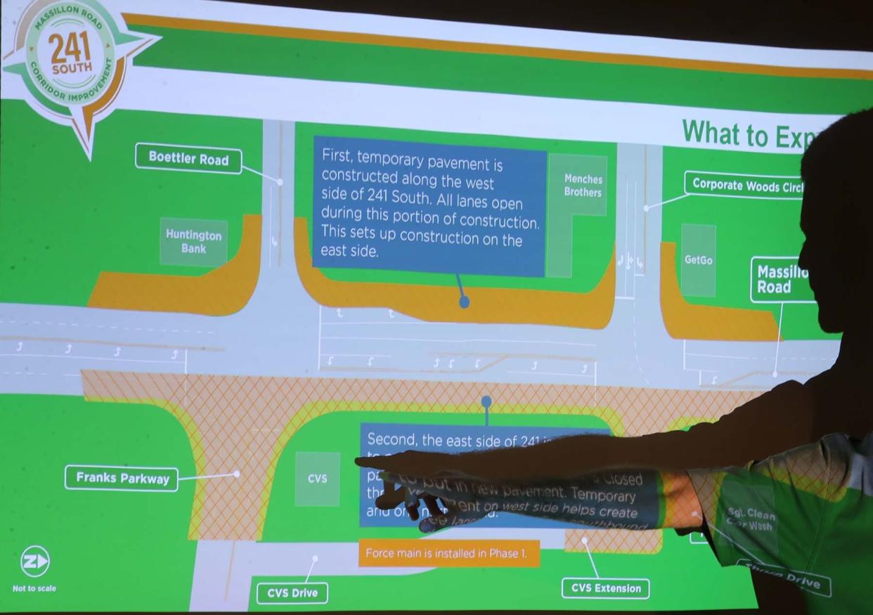 Zach Kimble, project manager for Anser Advisory, presents what business owners can expect for the construction of new roundabouts during the Massillon Road South Improvement Project Business Roundtable in Green on Wednesday.