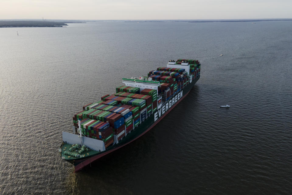 The container ship Ever Forward, which ran aground in the Chesapeake Bay off the coast near Pasadena, Md., the night before, is seen Monday, March 14, 2022. (AP Photo/Julio Cortez)