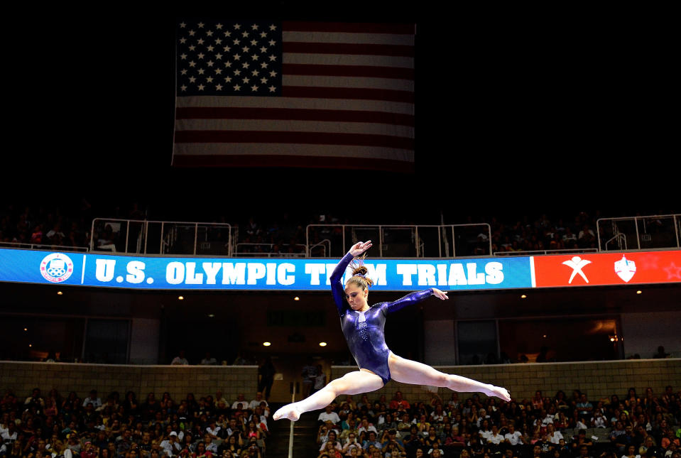 Two weeks before U.S. trials, at national championships, McKayla Maroney suffered a fall that left her with a concussion and broken nose. She went to the hospital, missed the end of the competition, and had to petition for a spot on the national team to be allowed to compete at trials. There, Maroney got the top score on the vault and had a strong performance on floor exercise, earning her a spot on the team. (Ronald Martinez/Getty Images)