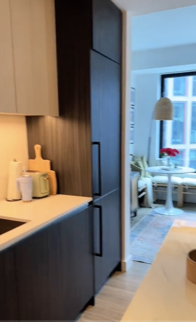 Kitchen interior with cabinets and a view into a dining area with a table and chairs