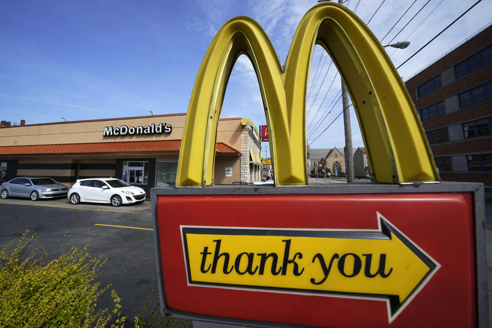 FILE - An exit sign is shown at a McDonald's restaurant in Pittsburgh, April 23, 2022. Food ads have long made their subjects look bigger, juicier and crispier than they are in person. But some consumers say those mouthwatering ads can cross the line into deception, and that’s leading to a growing number of lawsuits. Burger King is the latest company in the crosshairs. While the case against Burger King was filed in Miami, one of the attorneys who filed it has similar cases pending in New York against Wendy’s, McDonald’s and Taco Bell. (AP Photo/Gene J. Puskar, File)