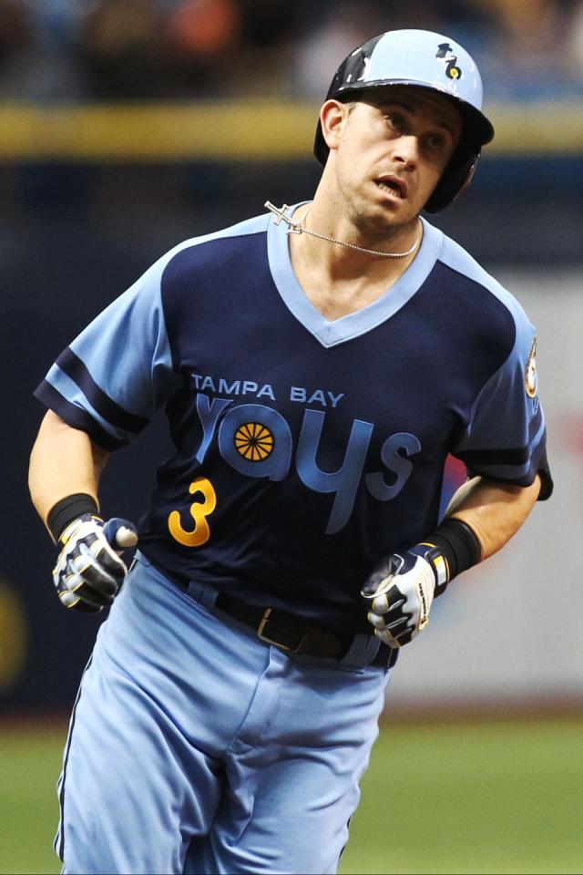 Tampa Bay Rays 1980s road fauxback uniforms in action