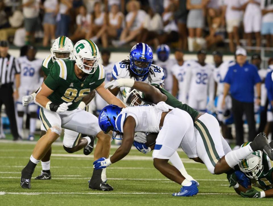 University of Charlotte defensive lineman Julius Welschof lines up in game against Georgia State during the 2023 season. Sam Roberts/Freeze Frame/Courtesy of the University of Charlotte 49ers football team (Sam Roberts/Freeze Frame)