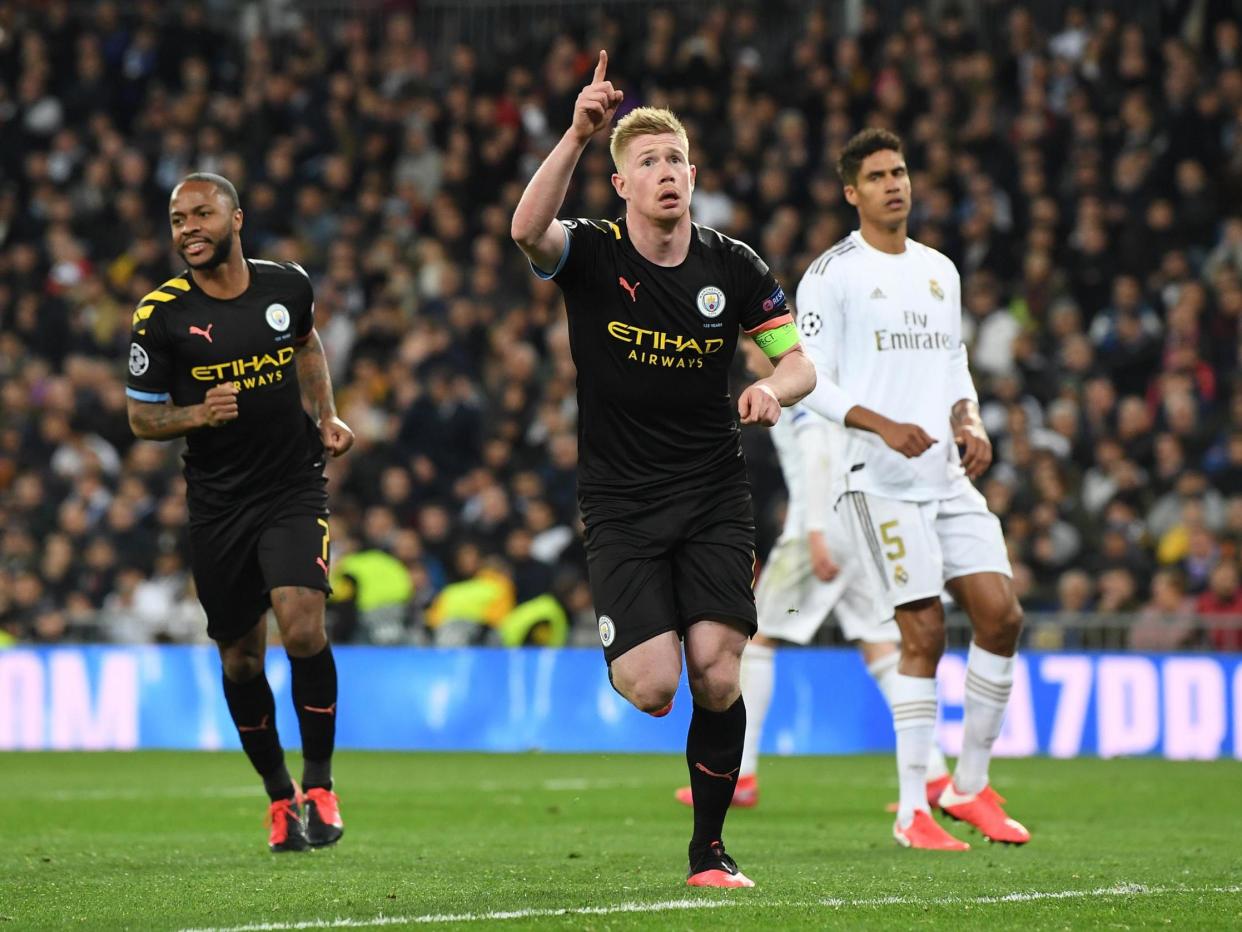 Kevin De Bruyne of Manchester City celebrates after scoring: Getty Images