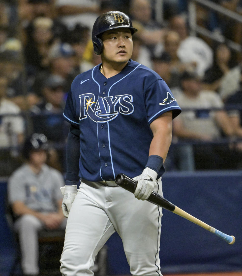 Tampa Bay Rays' Ji-Man Choi walks to the dugout after striking out against New York Yankees starter Gerrit Cole during the fourth inning of a baseball game, Monday, June 20, 2022, in St. Petersburg, Fla. (AP Photo/Steve Nesius)
