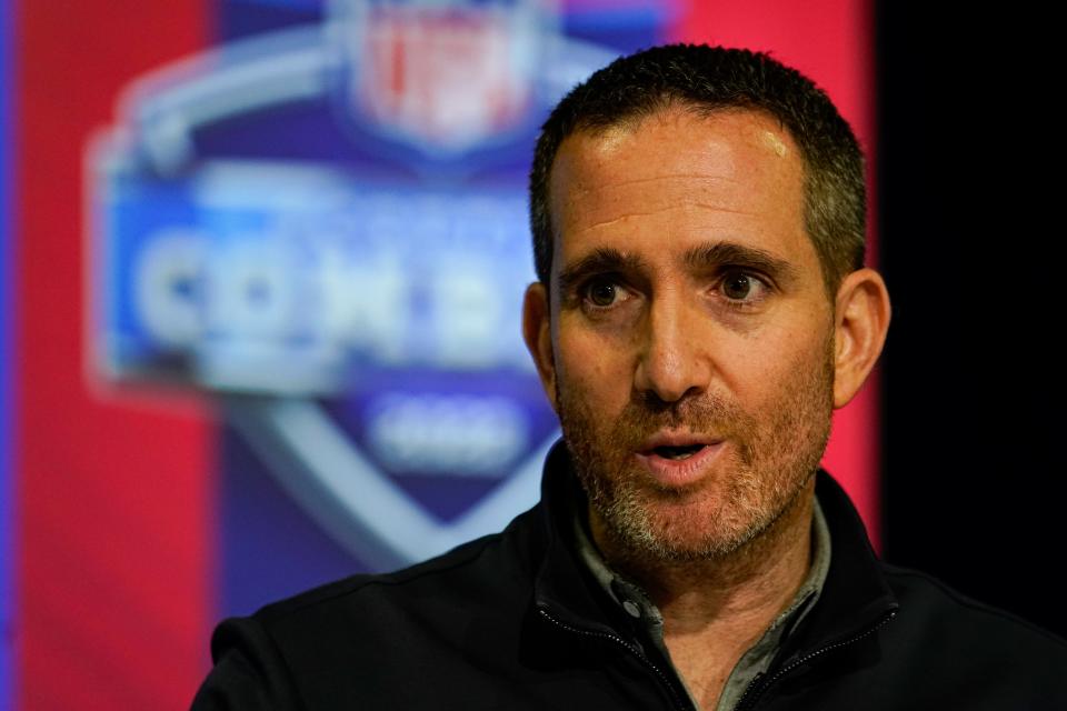 Philadelphia Eagles general manager Howie Roseman speaks during a press conference at the NFL football scouting combine in Indianapolis, Wednesday, March 2, 2022. (AP Photo/Michael Conroy)