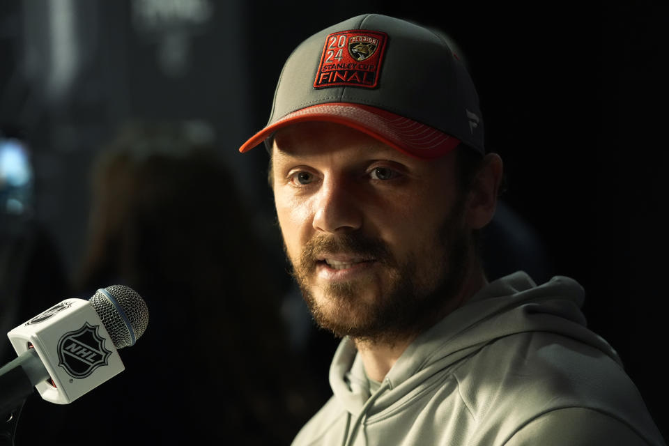 Florida Panthers center Sam Reinhart speaks during Media Day for the Stanley Cup Finals, Friday, June 7, 2024, in Sunrise, Fla. The Panthers take on the Edmonton Oilers in Game 1 on Saturday in Sunrise. (AP Photo/Wilfredo Lee)